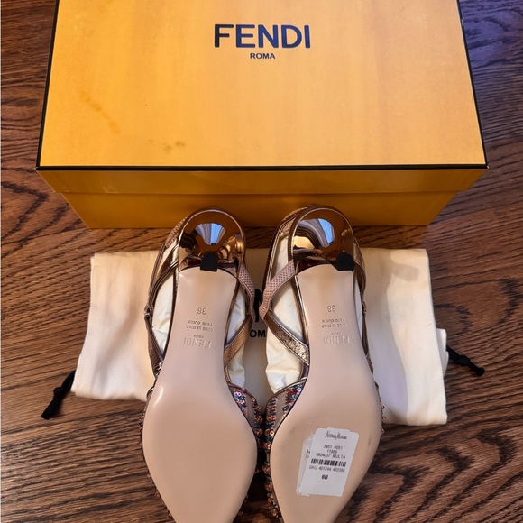 Fendi Tan metallic and Blue Embellished Kitten Heels - Picture 4 of 8